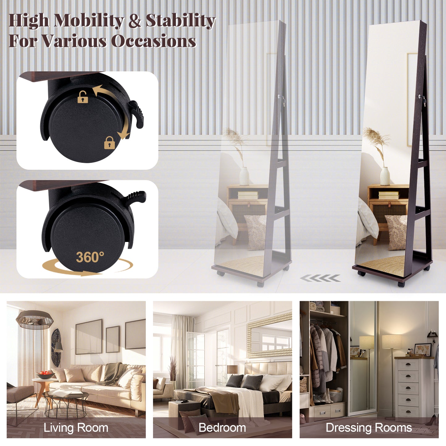 Armoire à bijoux verrouillable de 64 pouces avec miroir de maquillage intégré, violet
