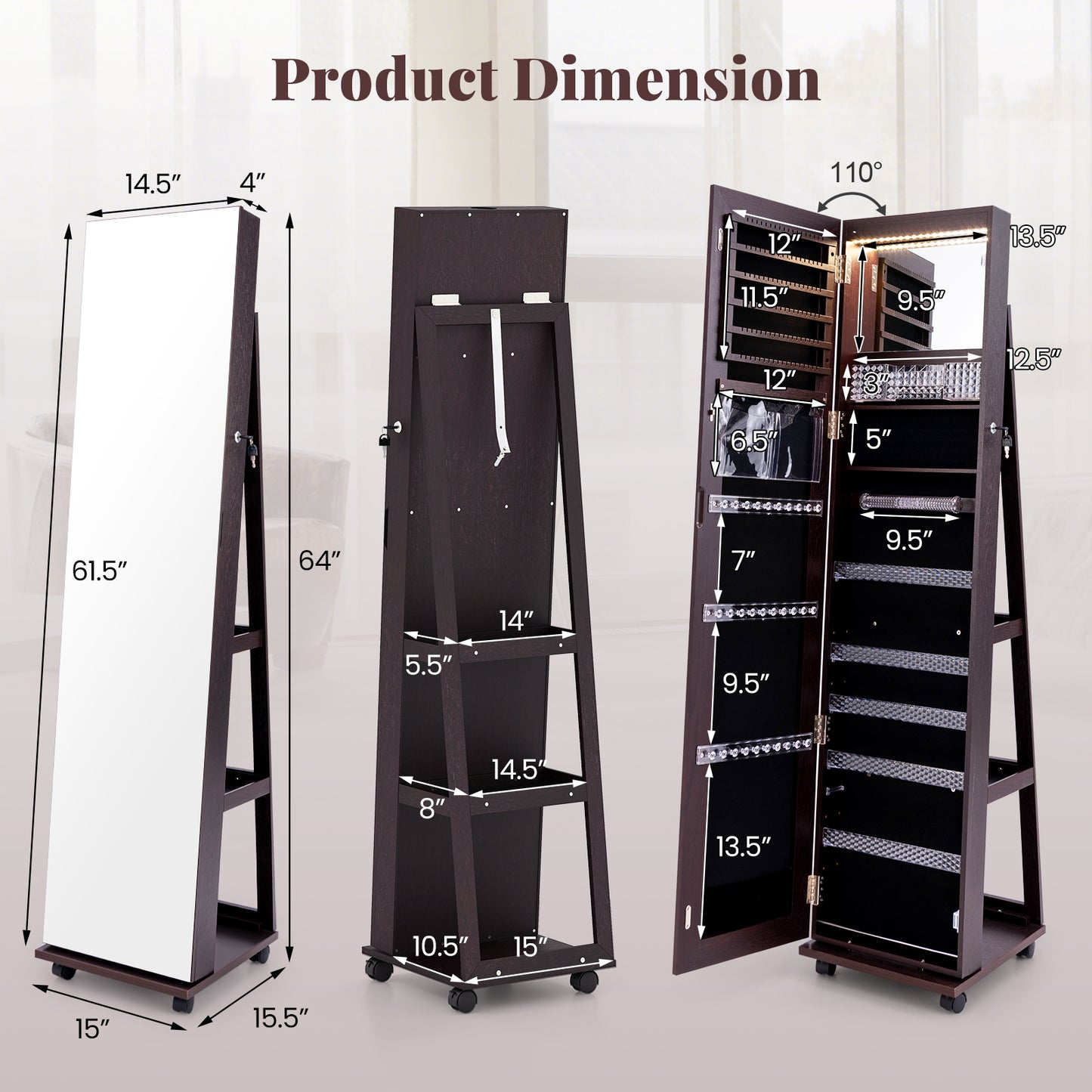 Armoire à bijoux verrouillable de 64 pouces avec miroir de maquillage intégré, violet