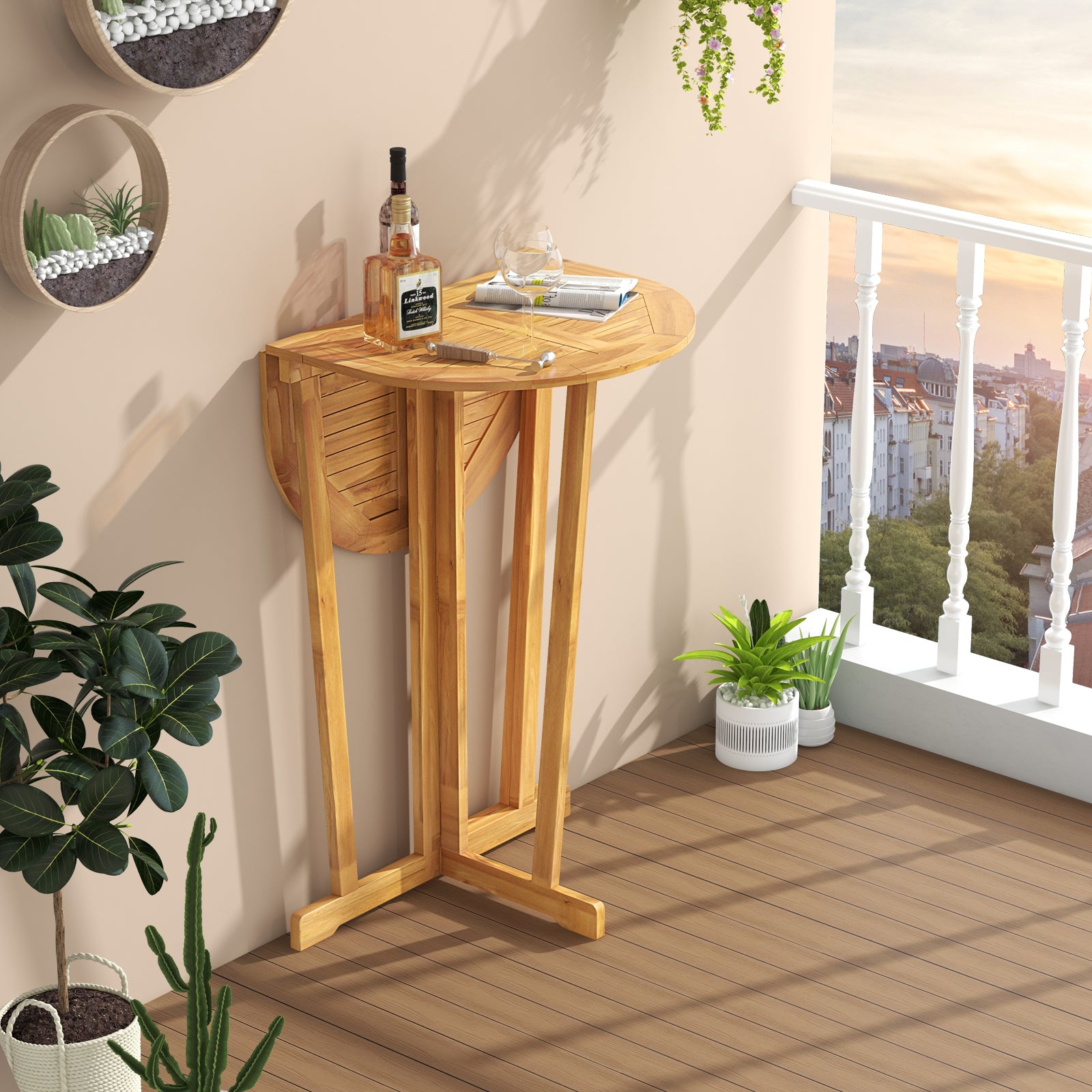 Outdoor Folding Bar Table with Oval Tabletop and Cross Base, Natural Patio Coffee Tables at Gallery Canada