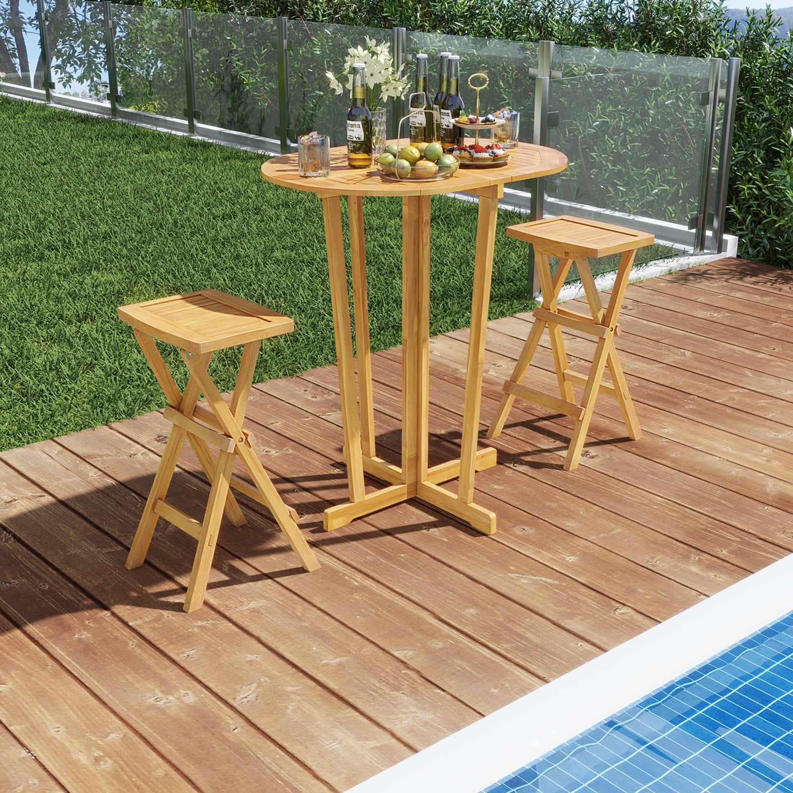 Outdoor Folding Bar Table with Oval Tabletop and Cross Base, Natural Patio Coffee Tables at Gallery Canada