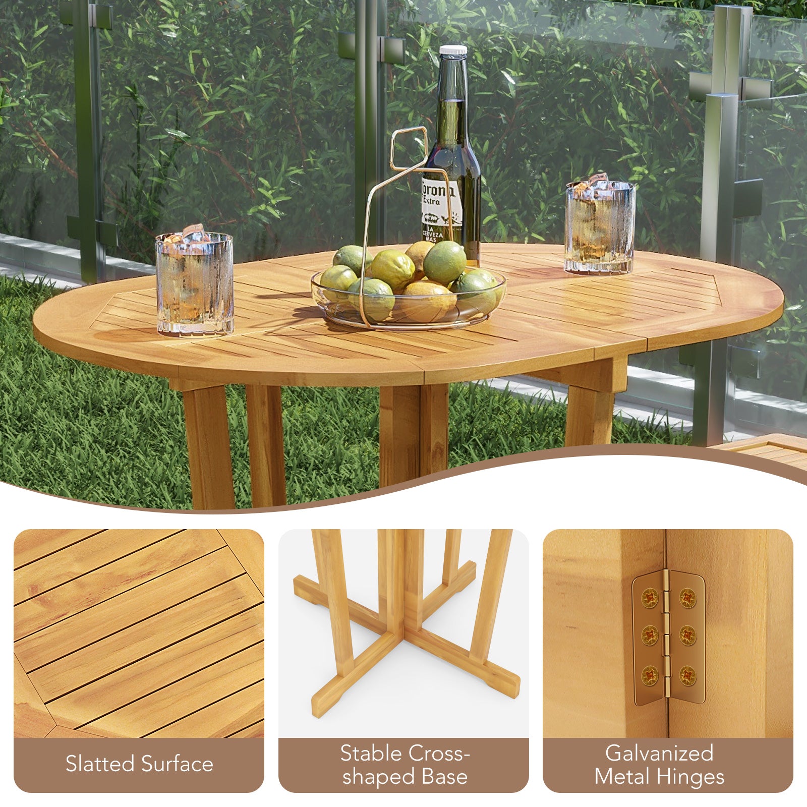 Outdoor Folding Bar Table with Oval Tabletop and Cross Base, Natural Patio Coffee Tables at Gallery Canada