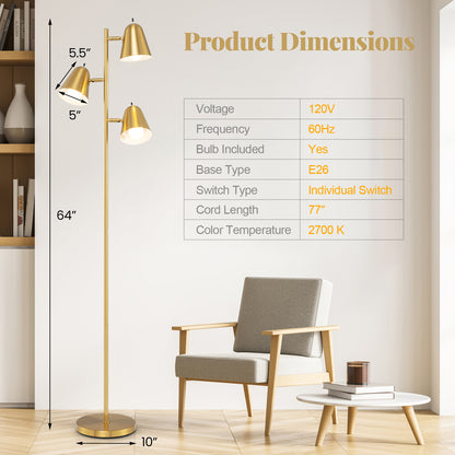 64 Inch 3-Light LED Floor Lamp Reading Light for Living Room Bedroom, Golden Table & Floor Lamps at Gallery Canada