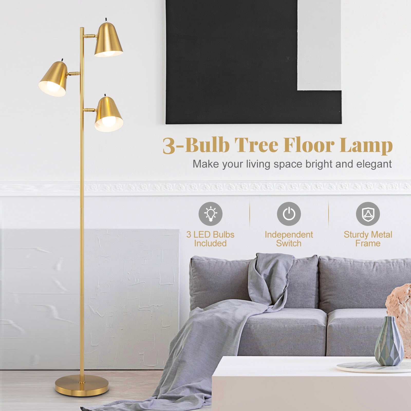 64 Inch 3-Light LED Floor Lamp Reading Light for Living Room Bedroom, Golden Table & Floor Lamps at Gallery Canada