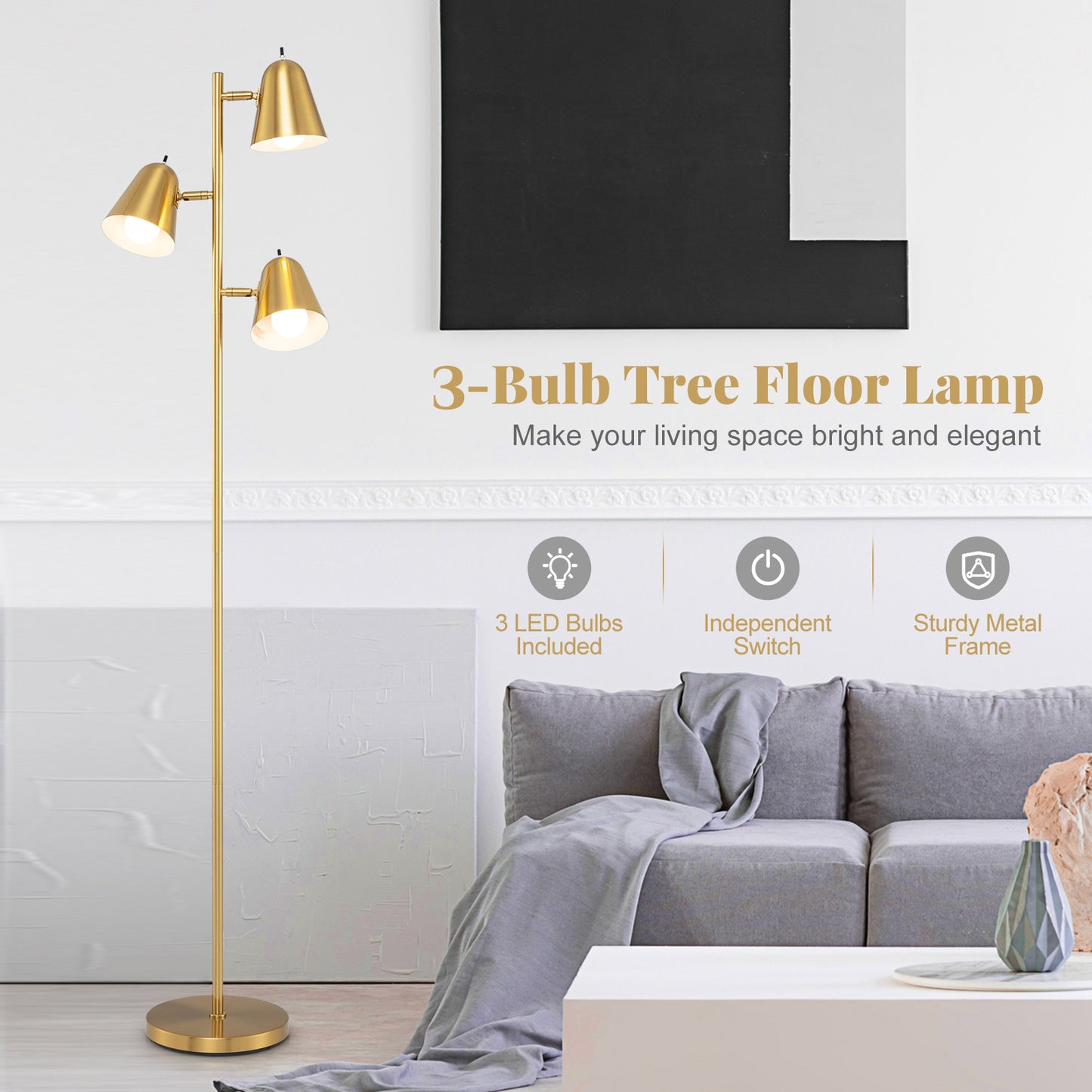 64 Inch 3-Light LED Floor Lamp Reading Light for Living Room Bedroom, Golden Table & Floor Lamps at Gallery Canada