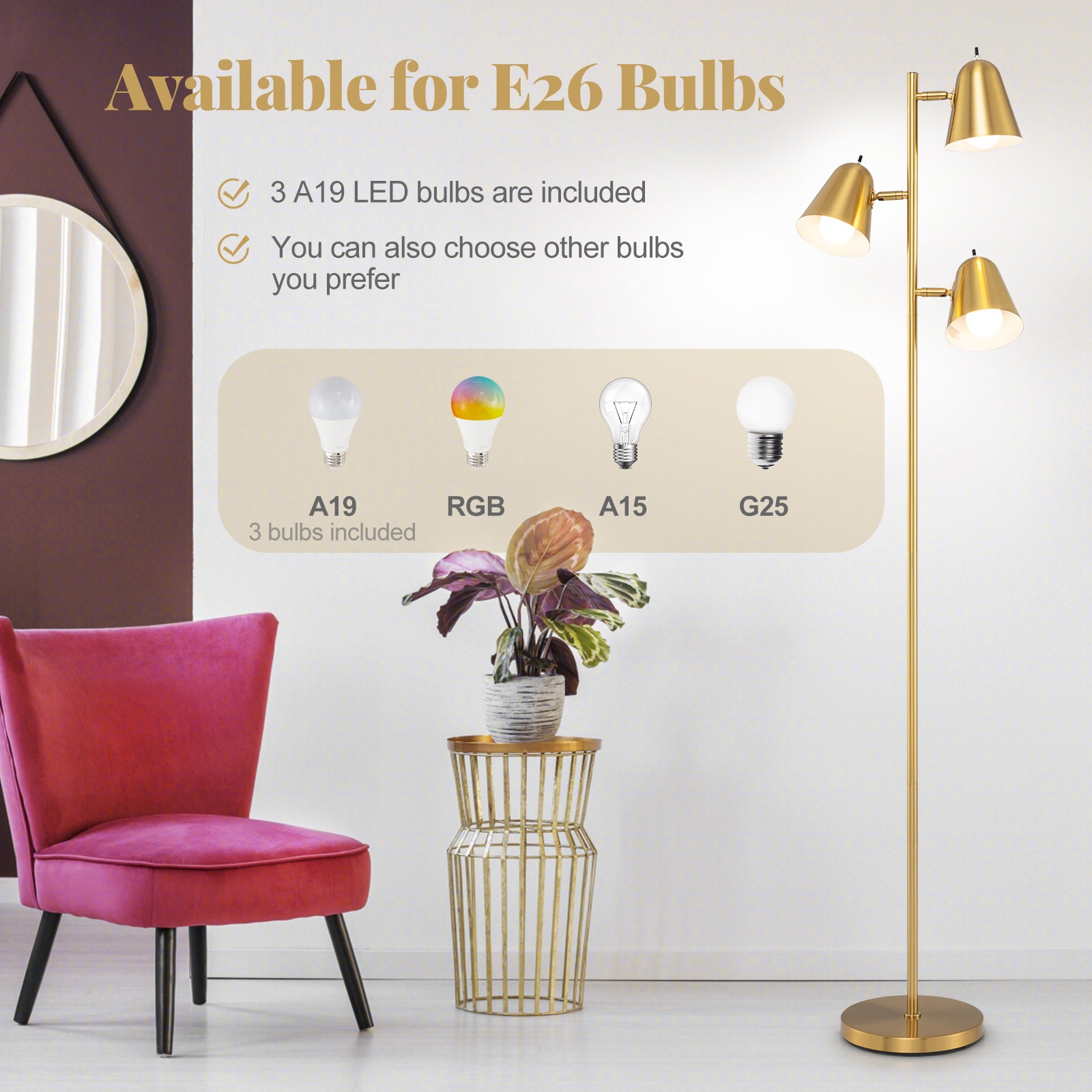 64 Inch 3-Light LED Floor Lamp Reading Light for Living Room Bedroom, Golden Table & Floor Lamps at Gallery Canada