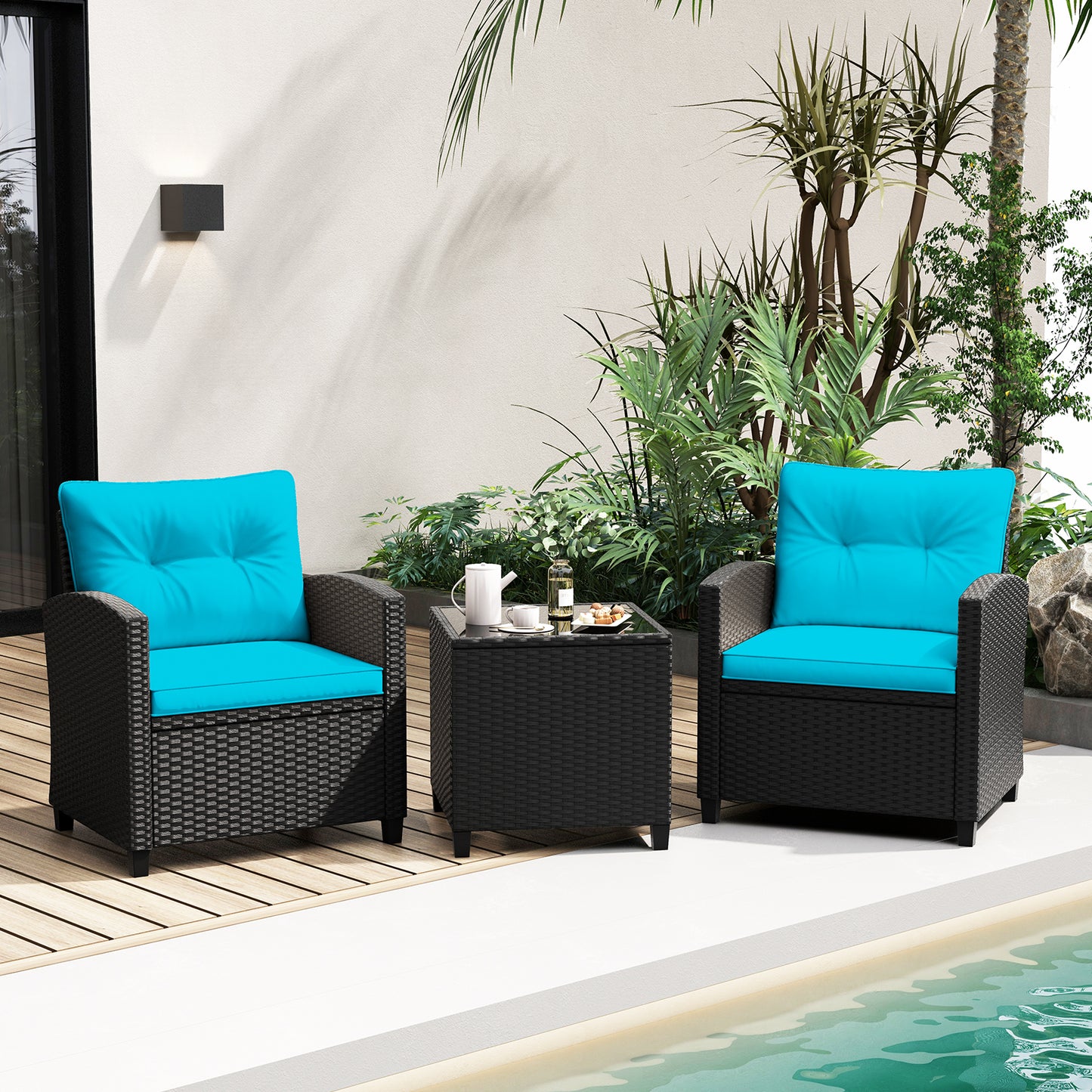 3 Piece Patio Furniture Set, Tempered Glass Coffee Table, Turquoise Patio Conversation Sets at Gallery Canada
