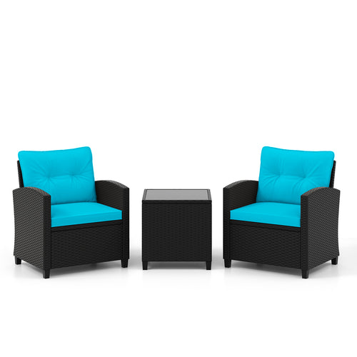 3 Piece Patio Furniture Set, Tempered Glass Coffee Table, Turquoise