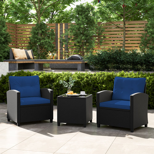 3 Piece Patio Furniture Set, Tempered Glass Coffee Table, Navy