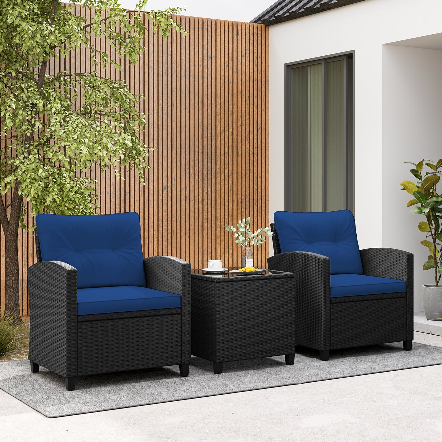 3 Piece Patio Furniture Set, Tempered Glass Coffee Table, Navy Patio Conversation Sets at Gallery Canada