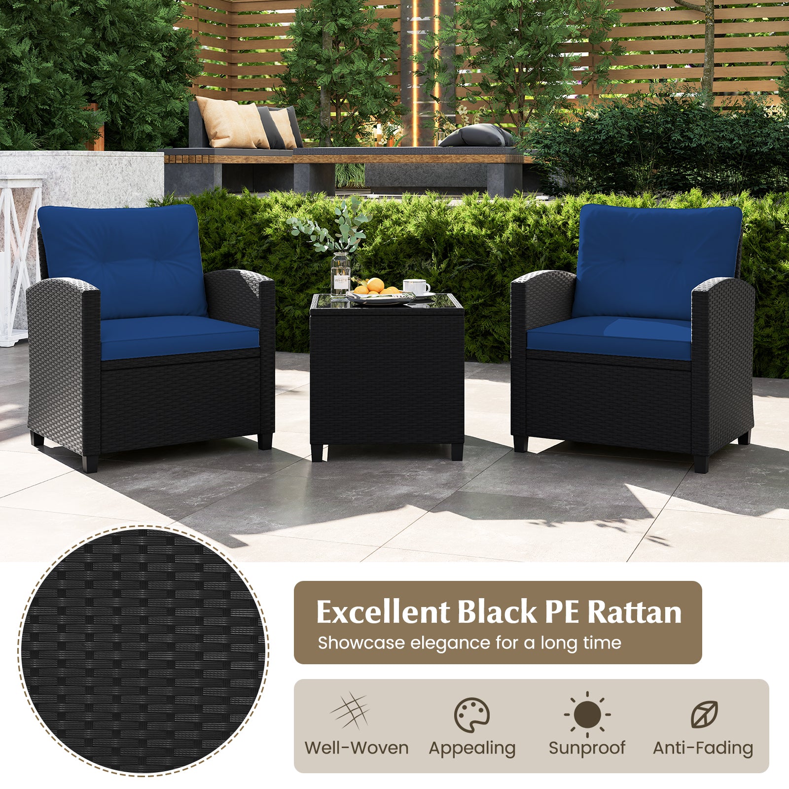 3 Piece Patio Furniture Set, Tempered Glass Coffee Table, Navy Patio Conversation Sets at Gallery Canada