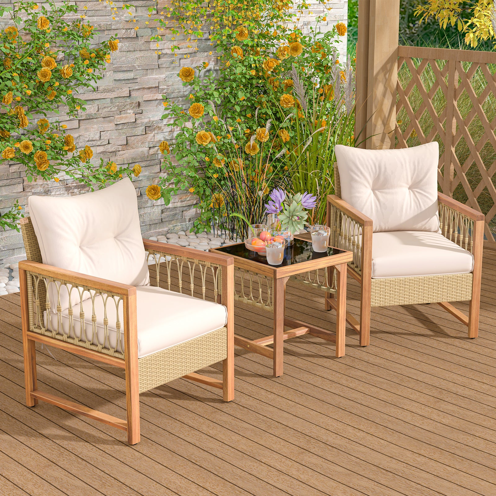 3 Pieces Patio Furniture Set with Acacia Wood Frame Cushions, Brown Patio Conversation Sets at Gallery Canada