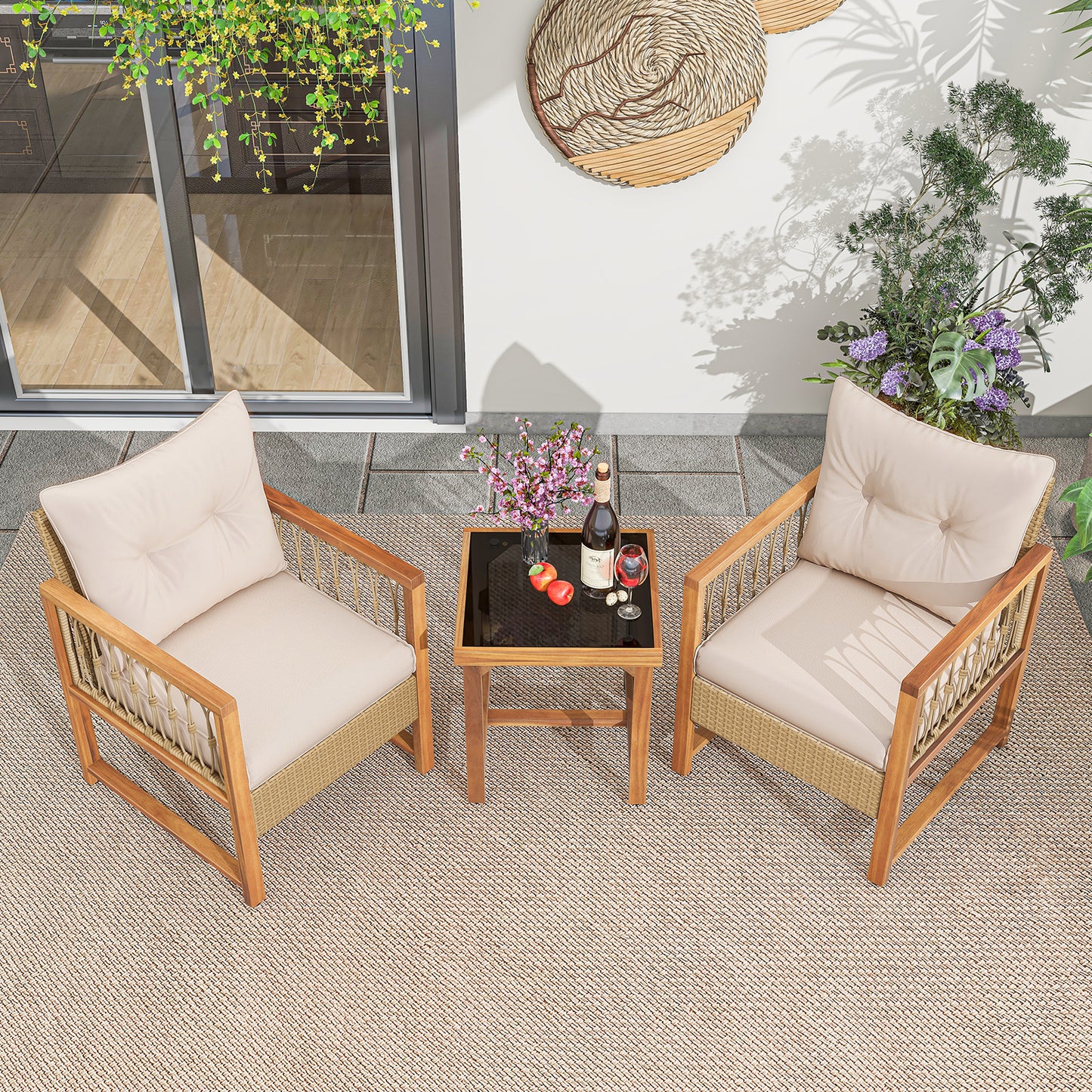 3 Pieces Patio Furniture Set with Acacia Wood Frame Cushions, Brown Patio Conversation Sets at Gallery Canada