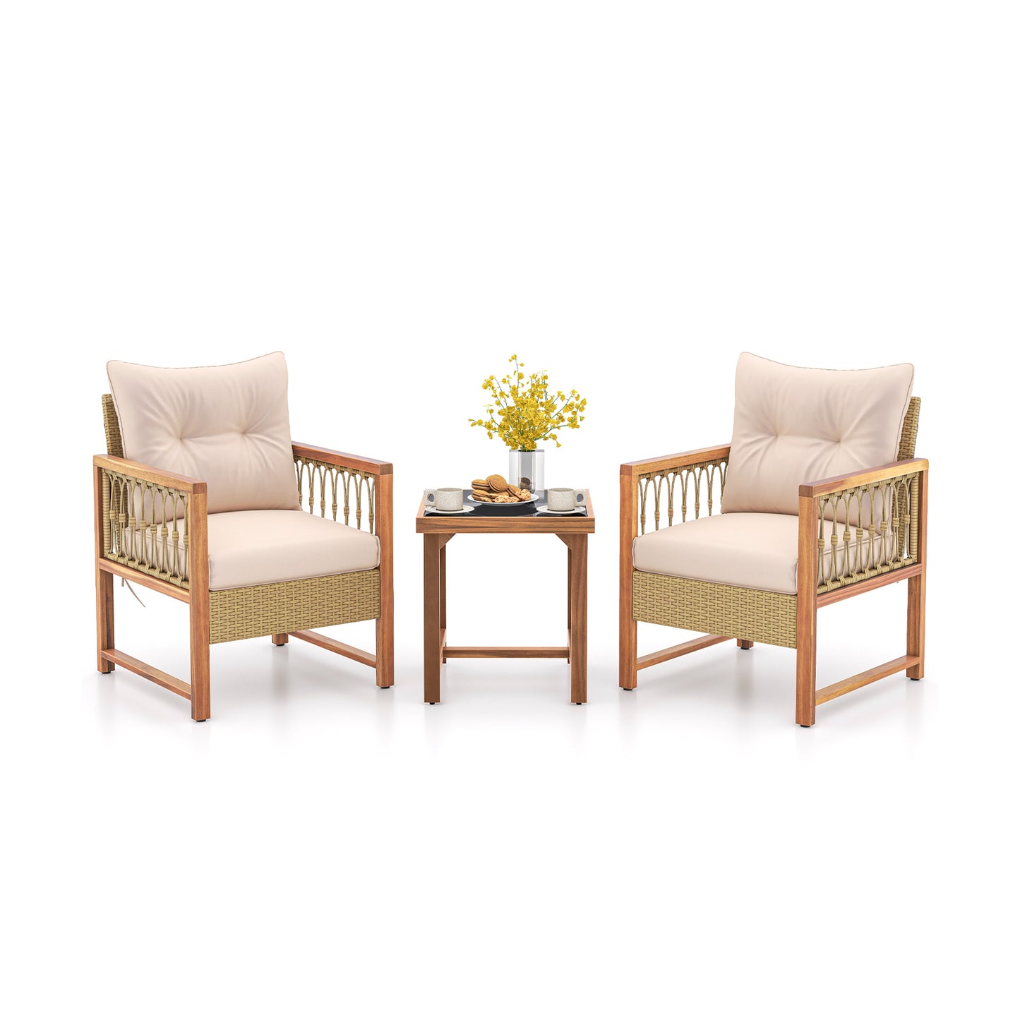 3 Pieces Patio Furniture Set with Acacia Wood Frame Cushions, Brown Patio Conversation Sets at Gallery Canada