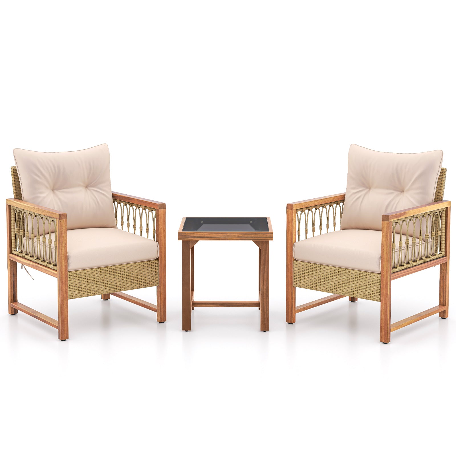 3 Pieces Patio Furniture Set with Acacia Wood Frame Cushions, Brown Patio Conversation Sets at Gallery Canada