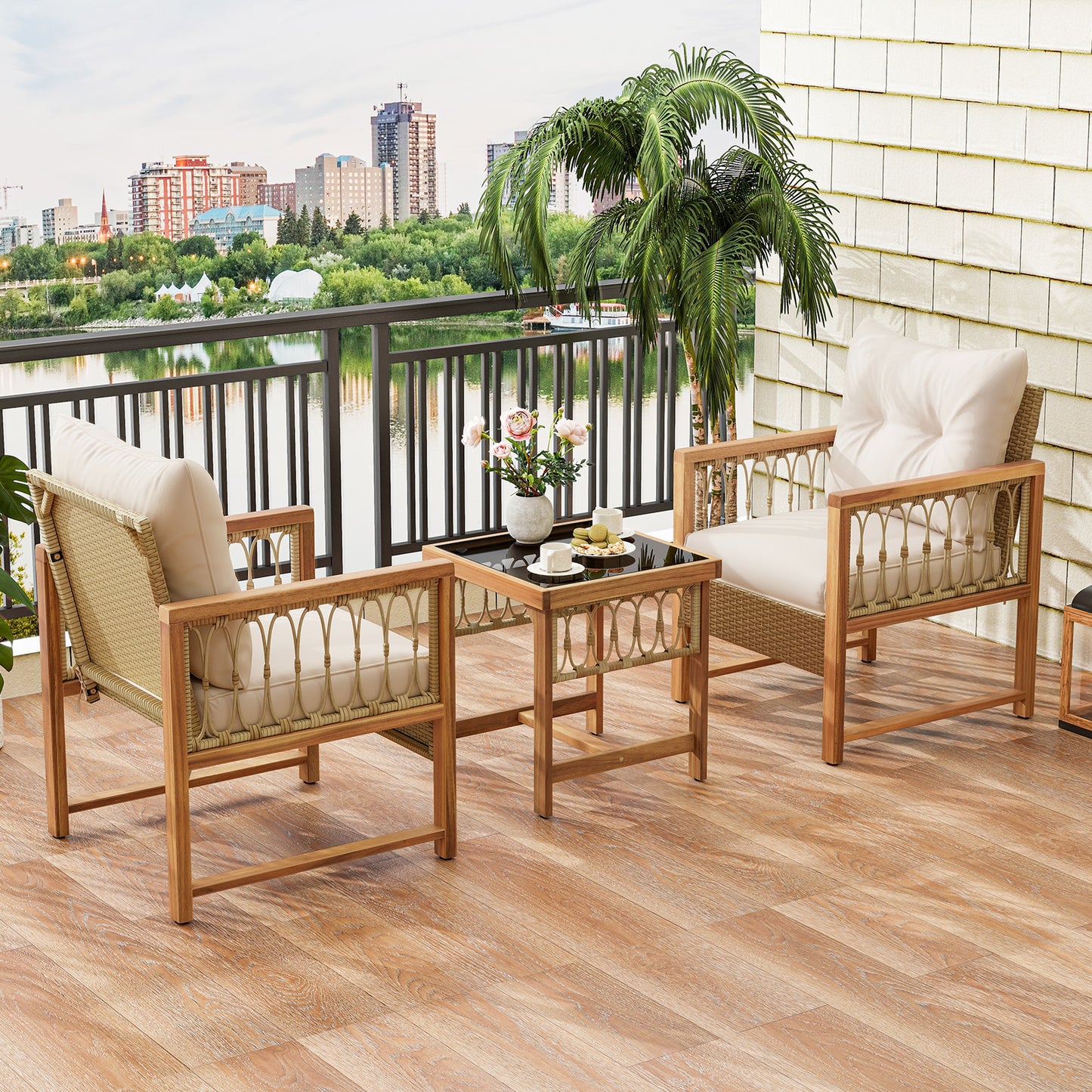 3 Pieces Patio Furniture Set with Acacia Wood Frame Cushions, Brown Patio Conversation Sets at Gallery Canada