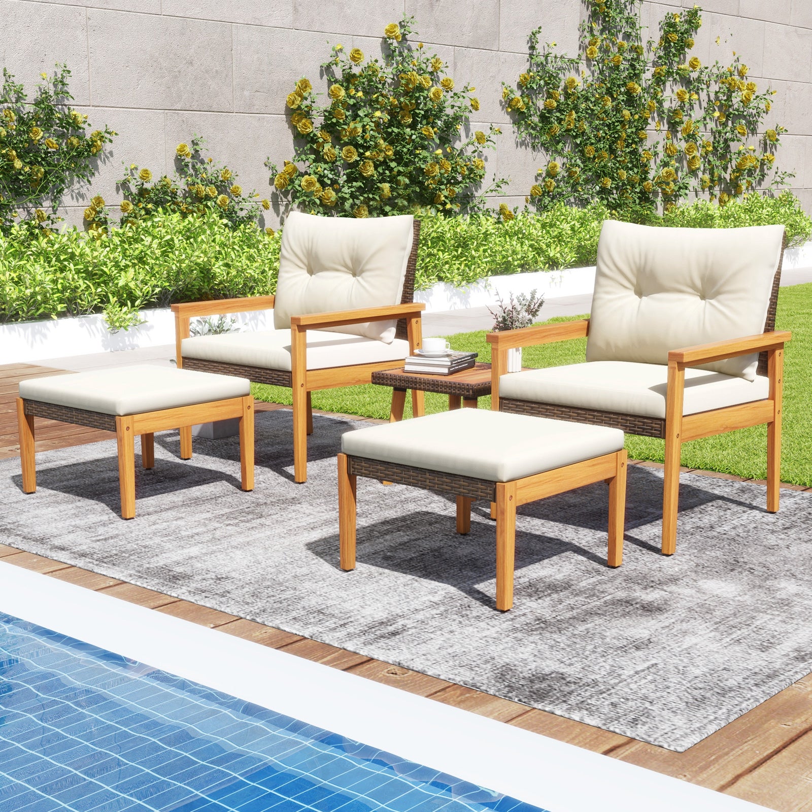 5 Piece Rattan Furniture Set with Square Coffee Table, White Patio Conversation Sets at Gallery Canada