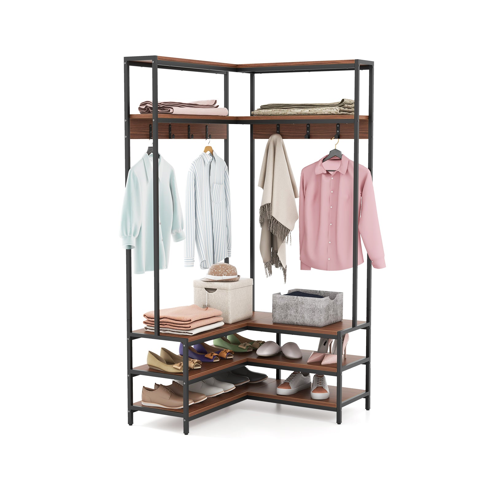 Corner Garment Rack with Open Shelves and 7 Hooks Shoe Bench, Walnut Cabinets & Chests at Gallery Canada