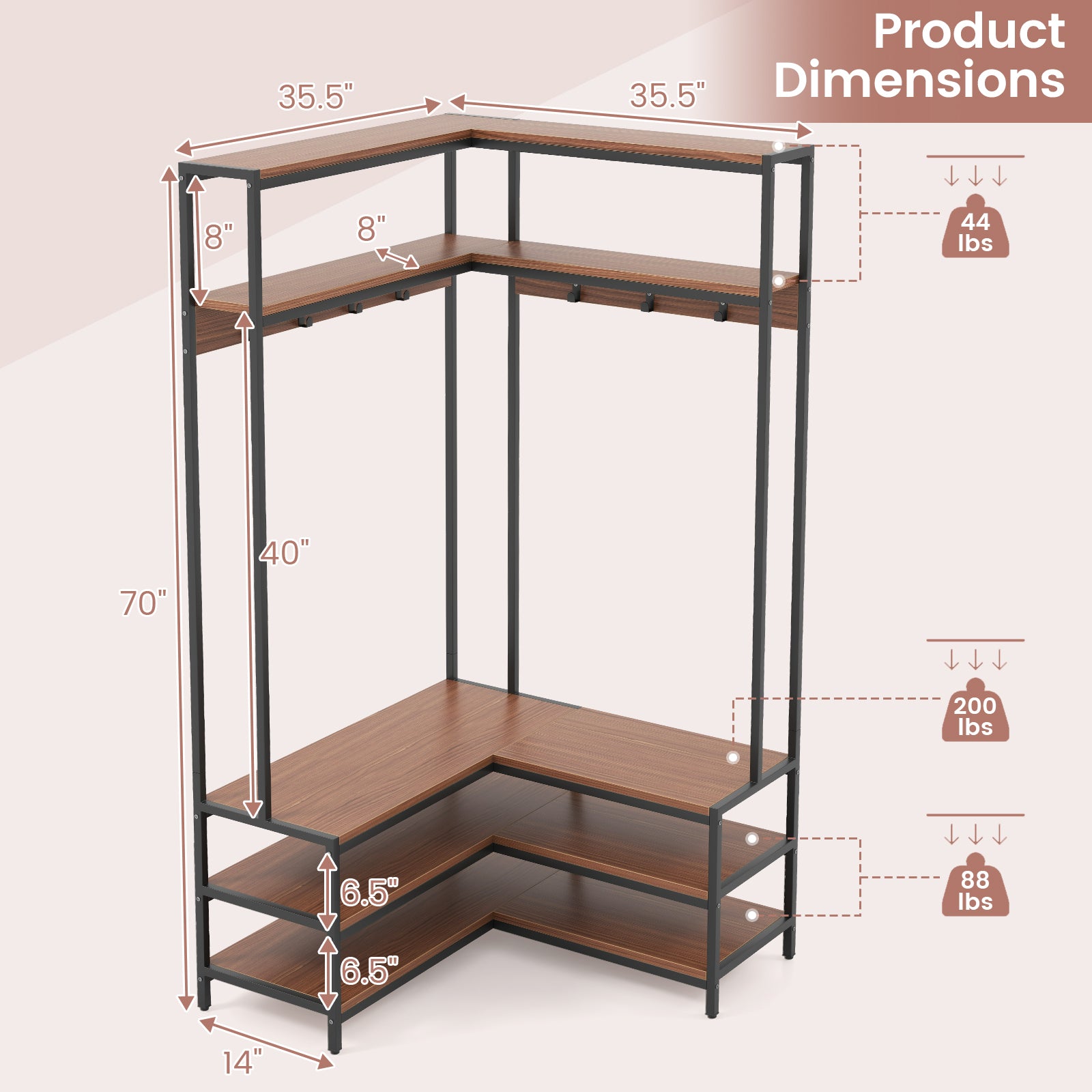 Corner Garment Rack with Open Shelves and 7 Hooks Shoe Bench, Walnut Cabinets & Chests at Gallery Canada