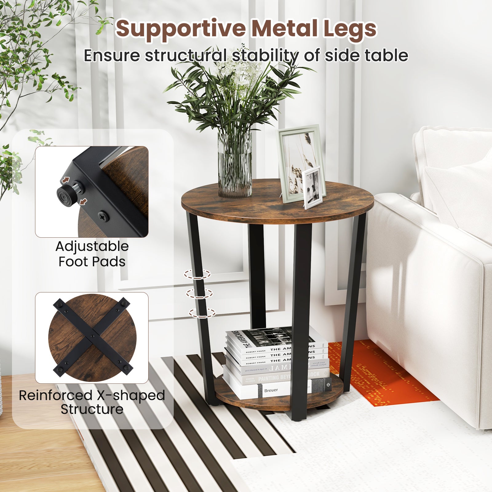 2-Tier Round End Table, Storage Shelf, Metal Frame, Brown End & Side Tables at Gallery Canada