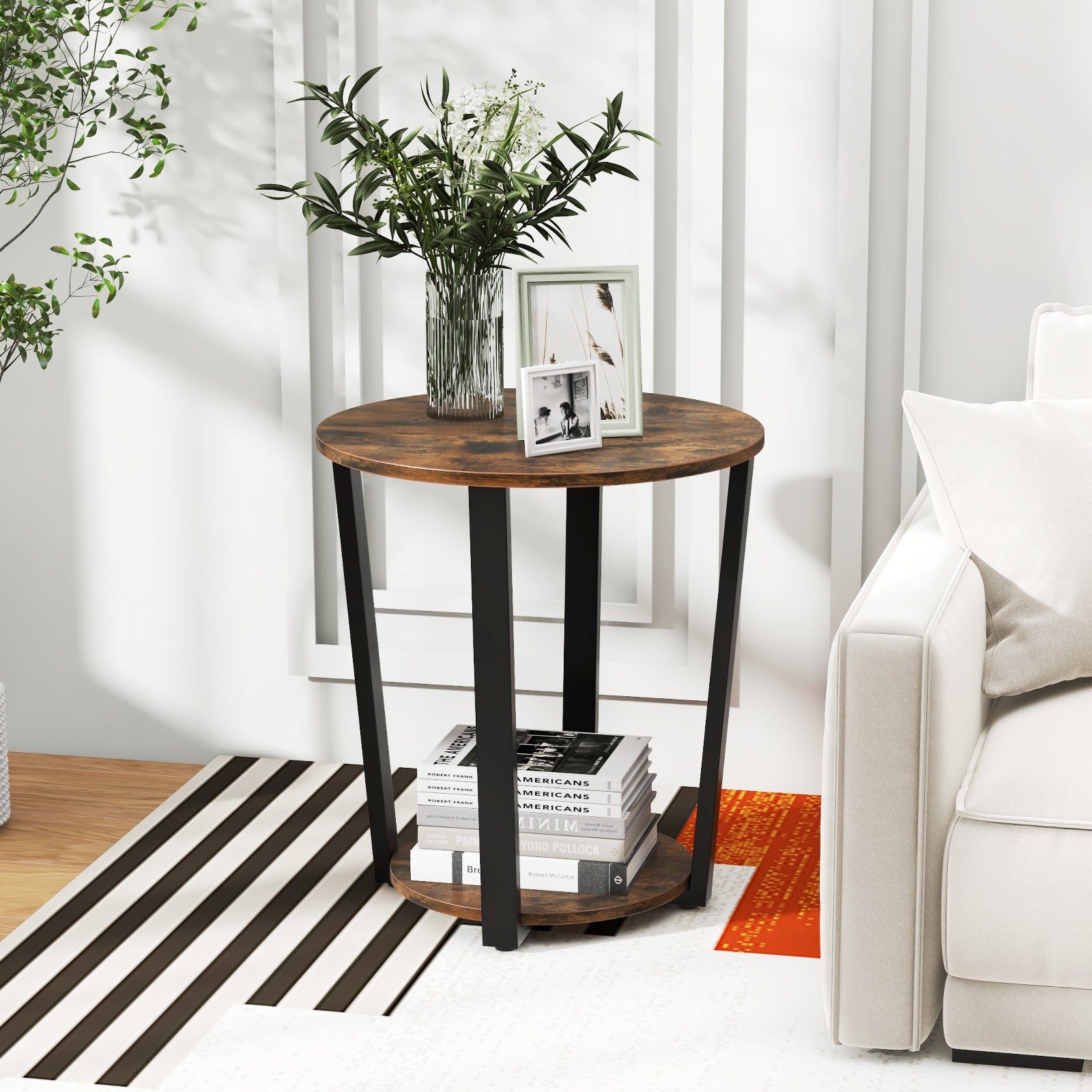 2-Tier Round End Table, Storage Shelf, Metal Frame, Brown End & Side Tables at Gallery Canada