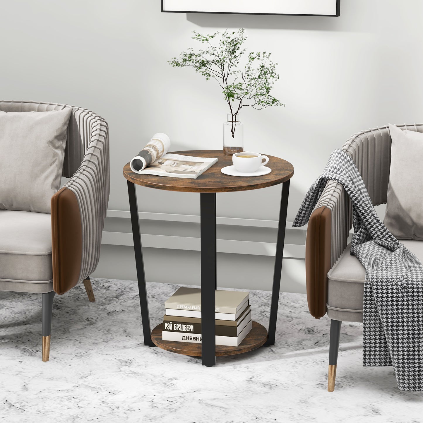 2-Tier Round End Table, Storage Shelf, Metal Frame, Brown End & Side Tables at Gallery Canada