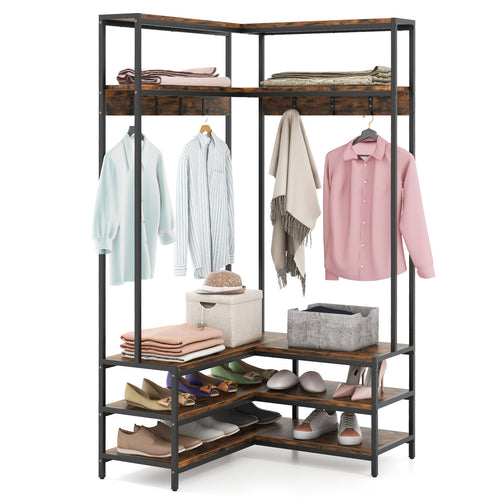Corner Garment Rack with Open Shelves and 7 Hooks Shoe Bench, Rustic Brown