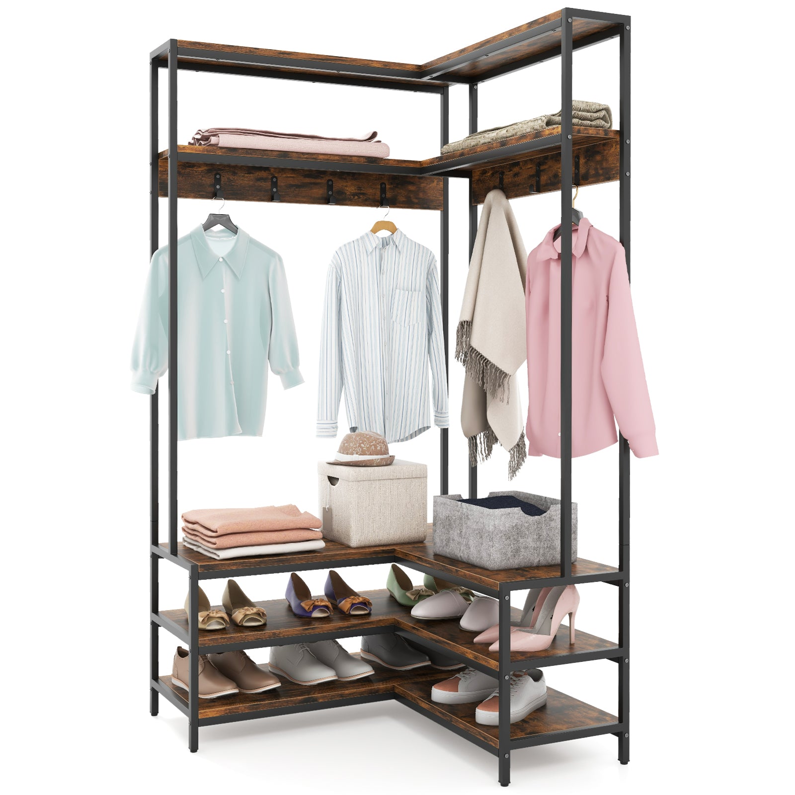 Corner Garment Rack with Open Shelves and 7 Hooks Shoe Bench, Rustic Brown Cabinets & Chests at Gallery Canada