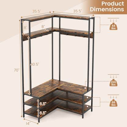 Corner Garment Rack with Open Shelves and 7 Hooks Shoe Bench, Rustic Brown Cabinets & Chests at Gallery Canada