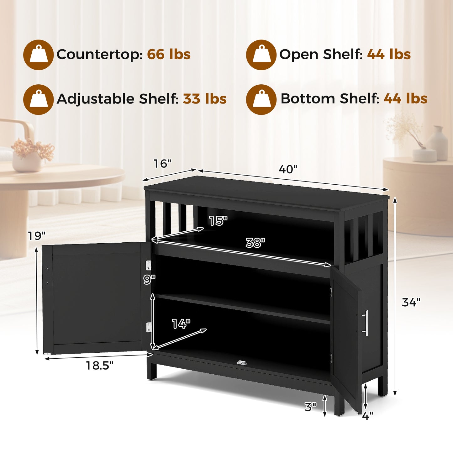 Kitchen Buffet Server Sideboard Storage Cabinet with 2 Doors and Shelf, Black Sideboards Cabinets & Buffets at Gallery Canada