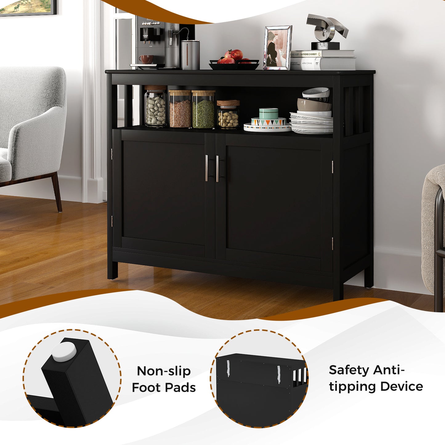 Kitchen Buffet Server Sideboard Storage Cabinet with 2 Doors and Shelf, Black Sideboards Cabinets & Buffets at Gallery Canada