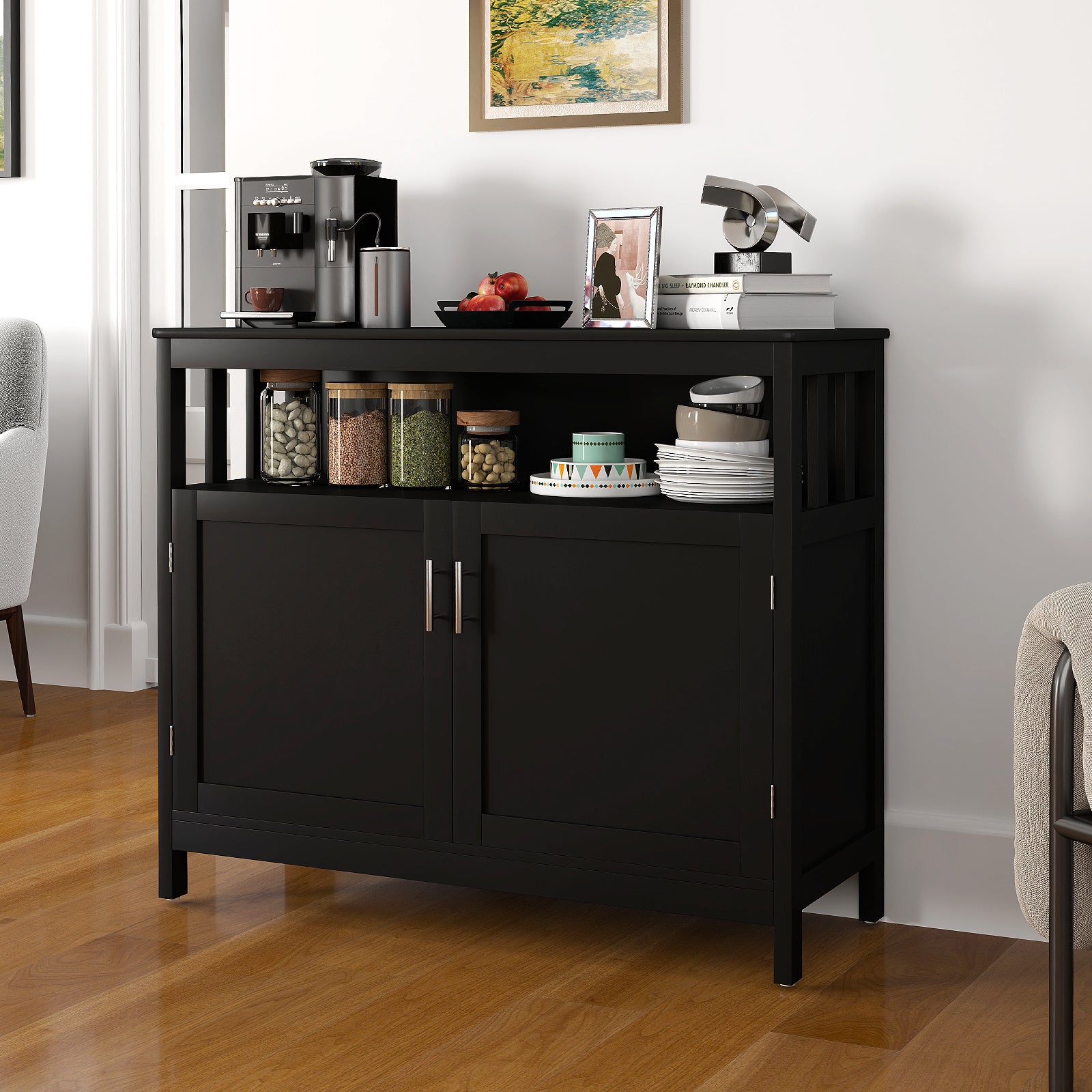 Kitchen Buffet Server Sideboard Storage Cabinet with 2 Doors and Shelf, Black Sideboards Cabinets & Buffets at Gallery Canada