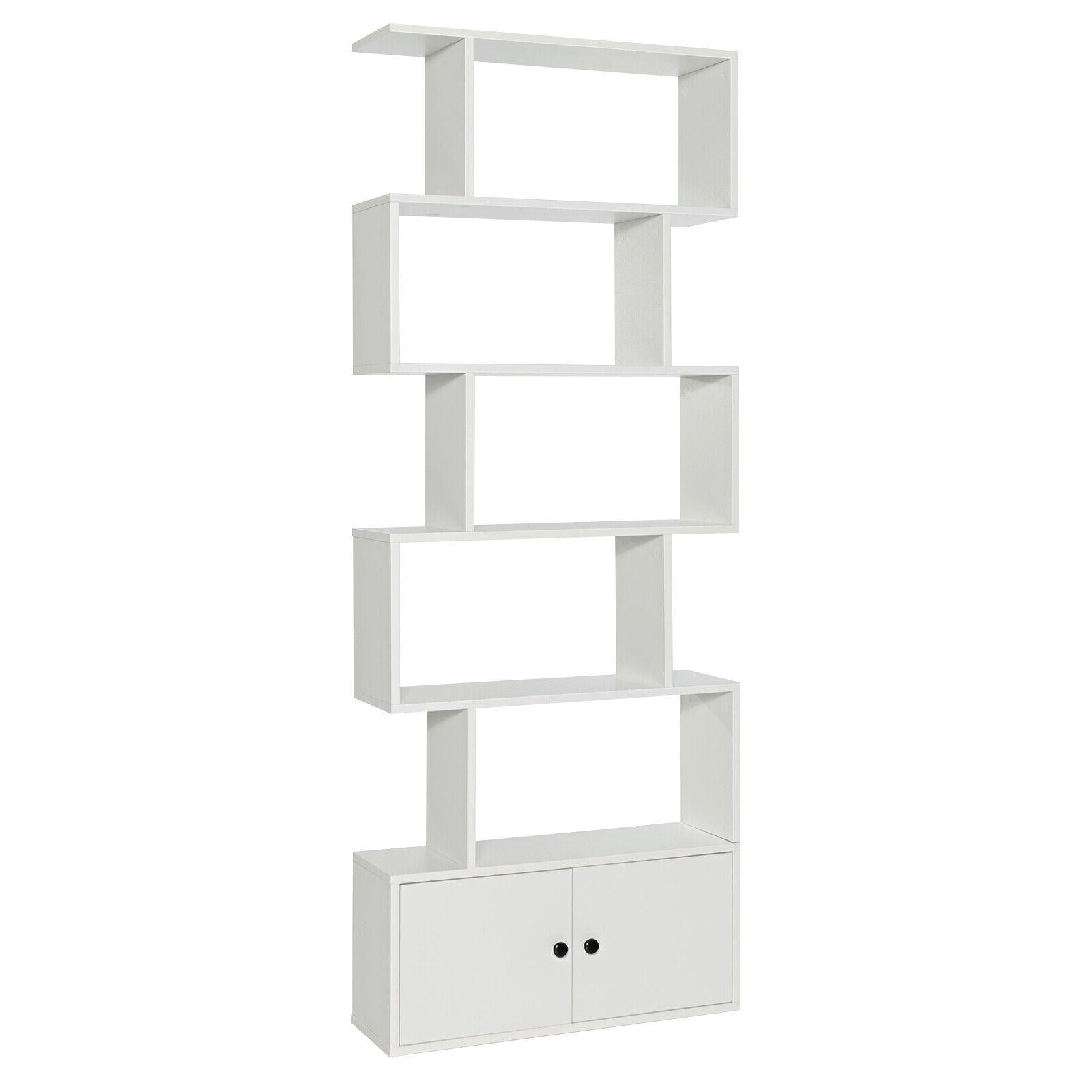 6-Tier S-Shaped Freestanding Bookshelf with Cabinet and Doors, White Bookcases White at Gallery Canada