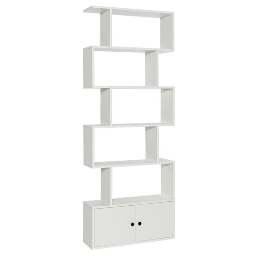 6-Tier S-Shaped Freestanding Bookshelf with Cabinet and Doors, White Bookcases White at Gallery Canada