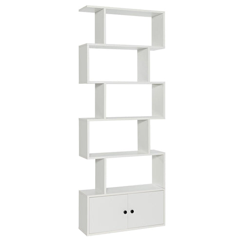 6-Tier S-Shaped Freestanding Bookshelf, Cabinet Doors, White