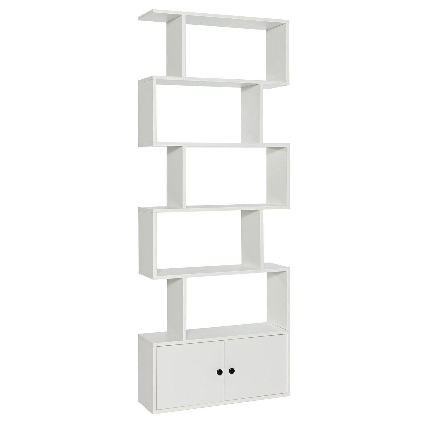 6-Tier S-Shaped Freestanding Bookshelf, Cabinet Doors, White Bookcases at Gallery Canada