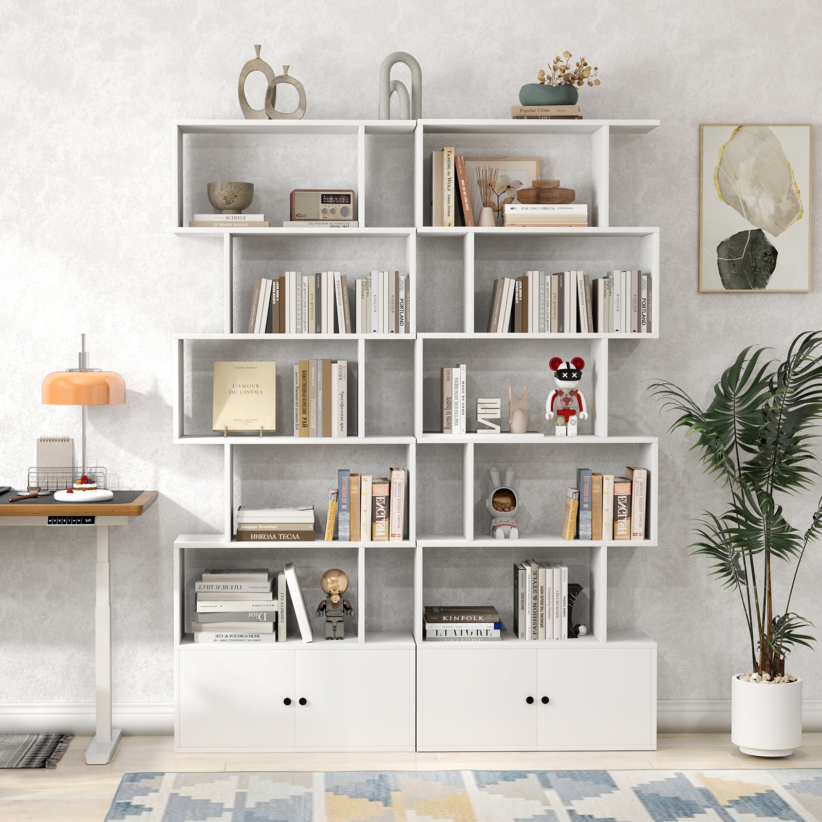 6-Tier S-Shaped Freestanding Bookshelf with Cabinet and Doors, White Bookcases at Gallery Canada