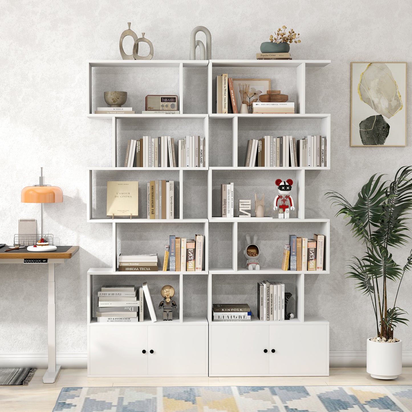 6-Tier S-Shaped Freestanding Bookshelf with Cabinet and Doors, White Bookcases at Gallery Canada