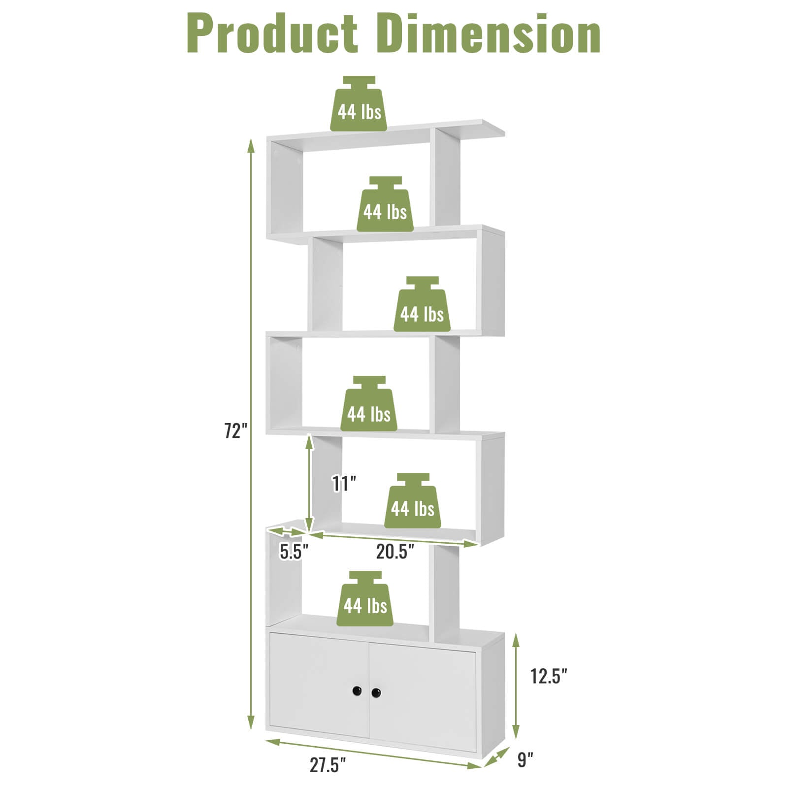 6-Tier S-Shaped Freestanding Bookshelf with Cabinet and Doors, White Bookcases at Gallery Canada