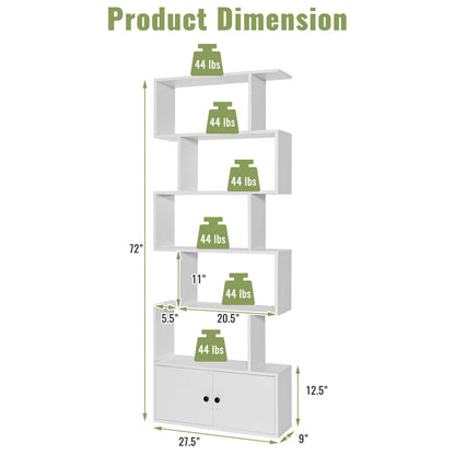 6-Tier S-Shaped Freestanding Bookshelf with Cabinet and Doors, White Bookcases at Gallery Canada