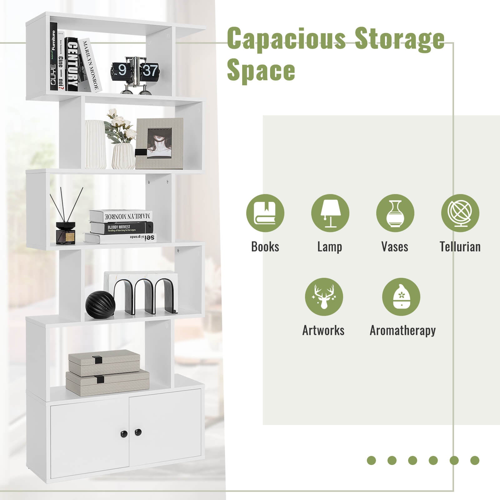 6-Tier S-Shaped Freestanding Bookshelf with Cabinet and Doors, White Bookcases at Gallery Canada