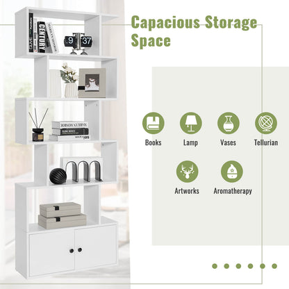 6-Tier S-Shaped Freestanding Bookshelf with Cabinet and Doors, White Bookcases at Gallery Canada