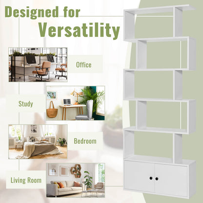 6-Tier S-Shaped Freestanding Bookshelf with Cabinet and Doors, White Bookcases at Gallery Canada