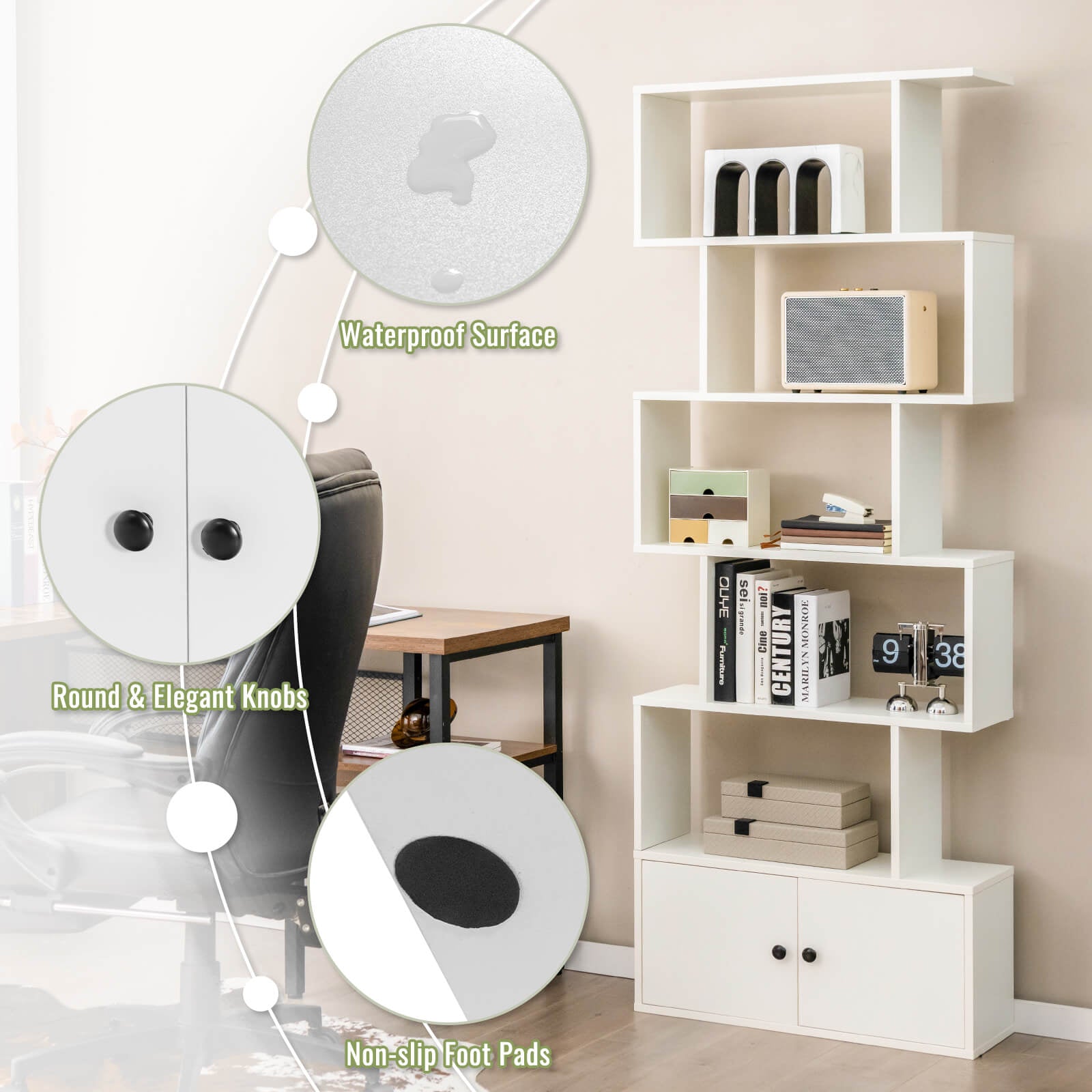 6-Tier S-Shaped Freestanding Bookshelf with Cabinet and Doors, White Bookcases at Gallery Canada