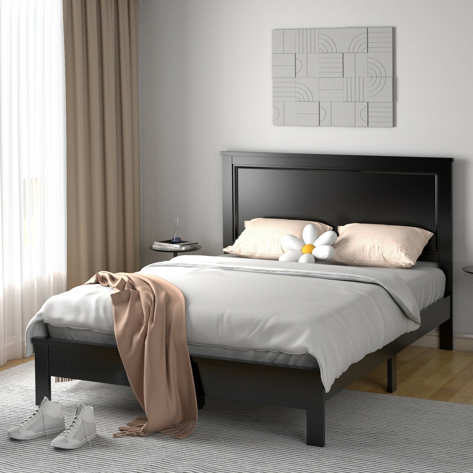 Queen Size Bed Frame, Platform Slat, High Headboard, Black Simple Bed Frame at Gallery Canada