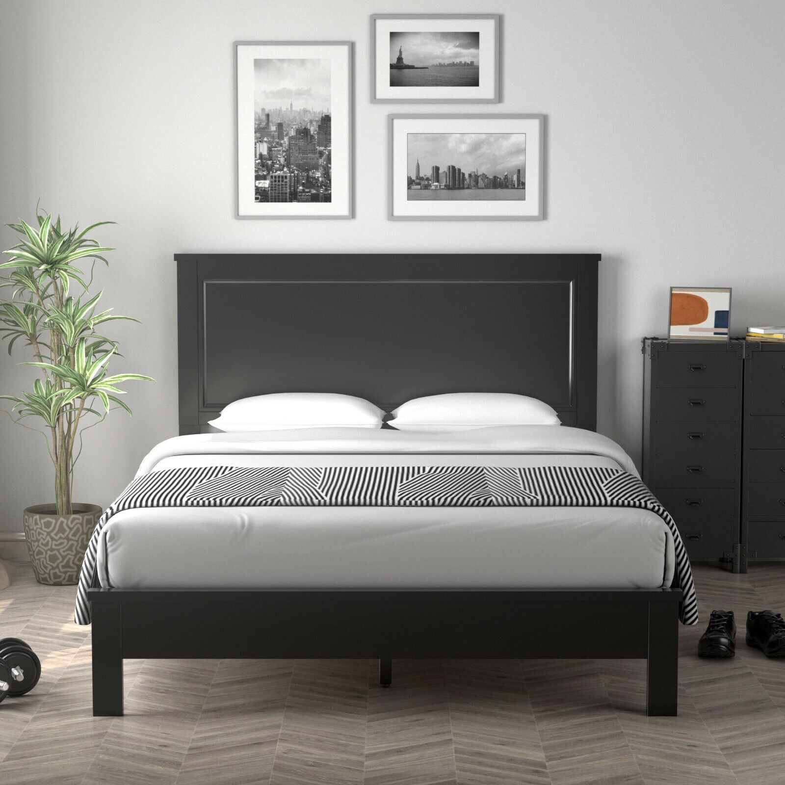 Queen Size Bed Frame, Platform Slat, High Headboard, Black Simple Bed Frame at Gallery Canada