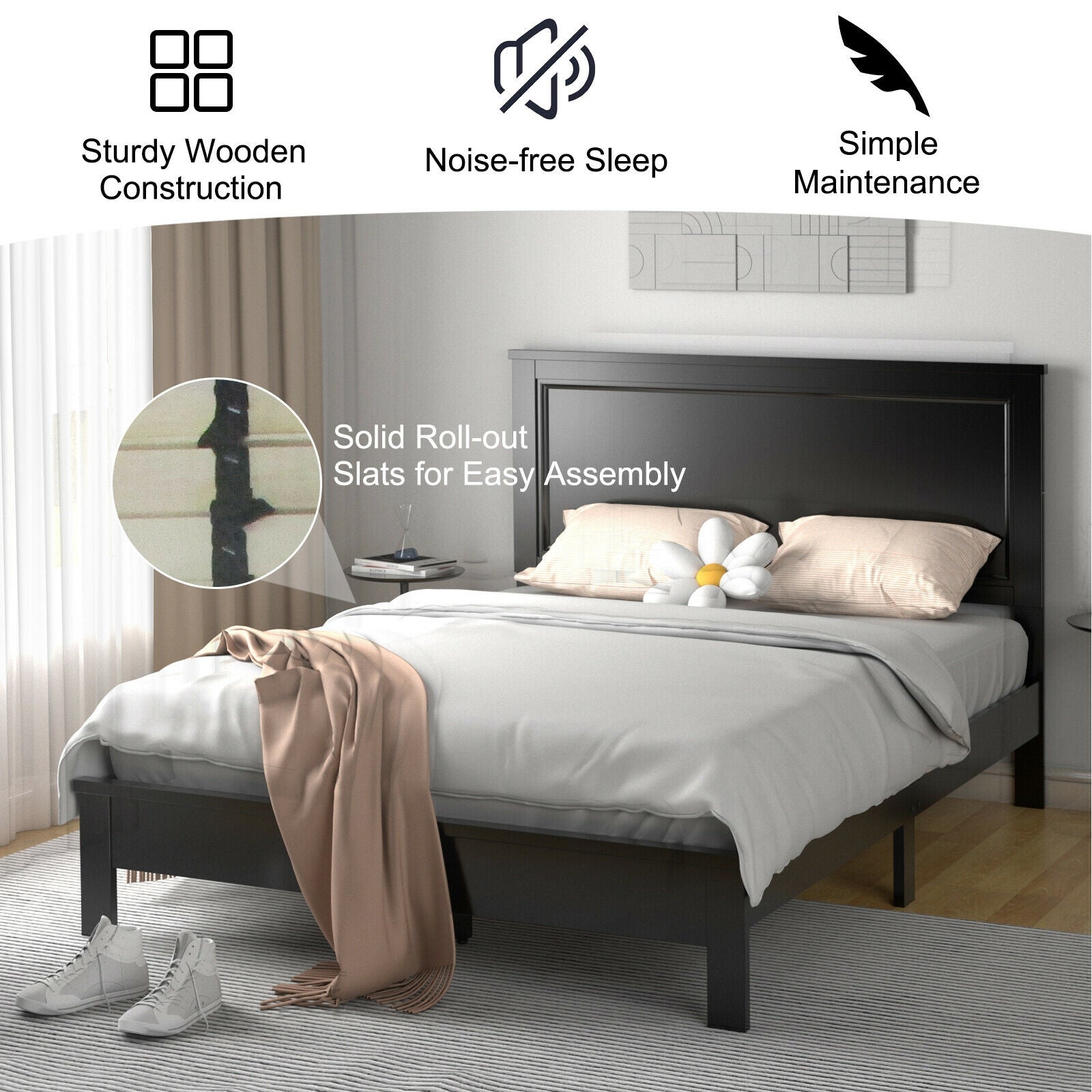 Queen Size Bed Frame, Platform Slat, High Headboard, Black Simple Bed Frame at Gallery Canada