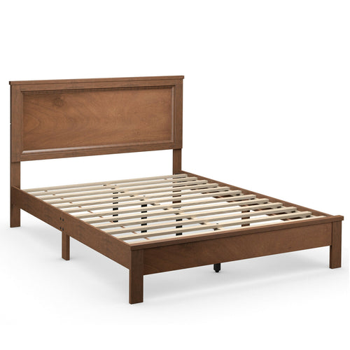 Queen Size Bed Frame Platform Slat High Headboard Bedroom with Rubber Wood Leg, Walnut