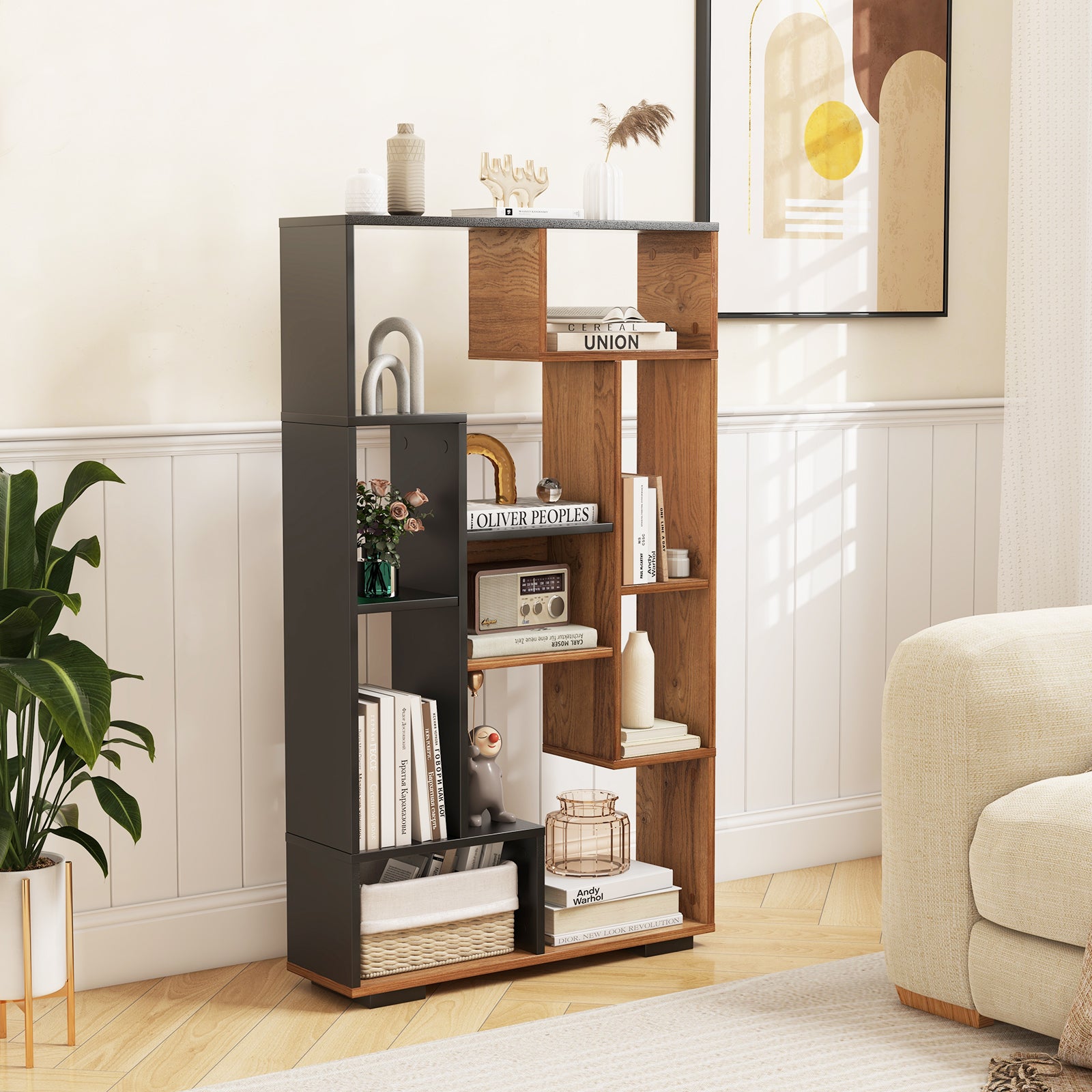 47-Inch Tall Bookshelf for Home Office Living Room, Natural & Black Bookcases at Gallery Canada