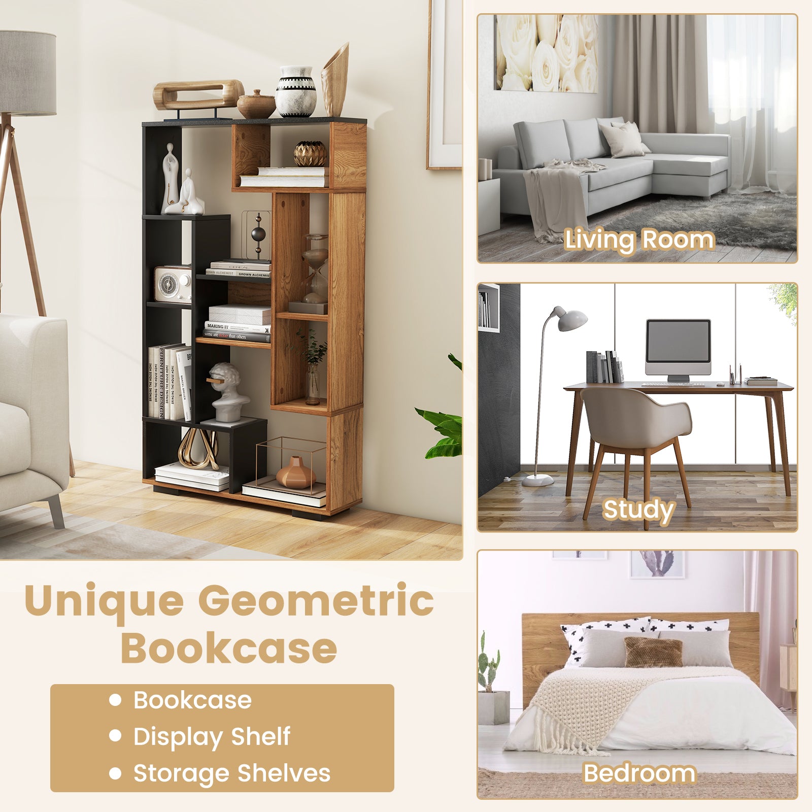 47-Inch Tall Bookshelf for Home Office Living Room, Natural & Black Bookcases at Gallery Canada