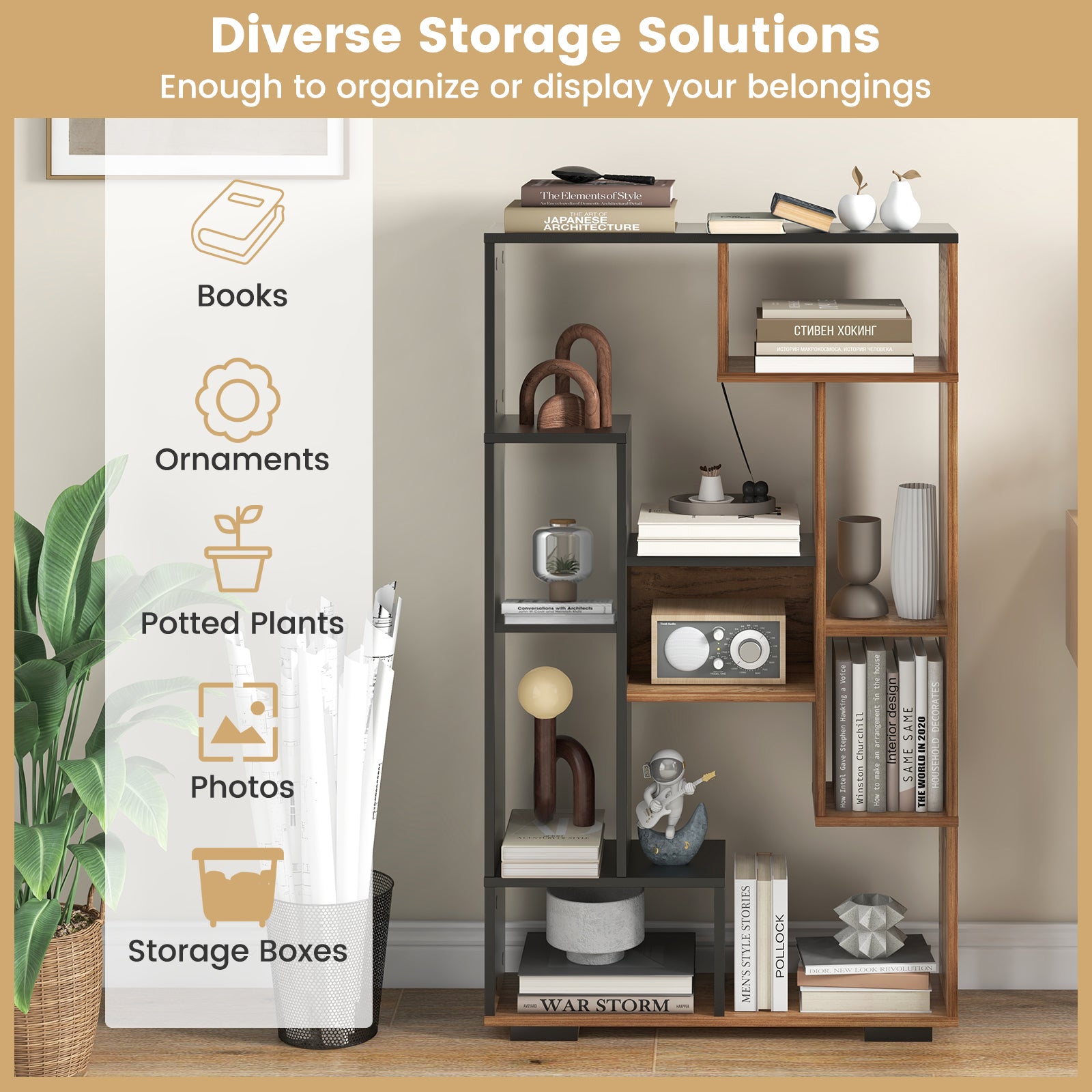 47-Inch Tall Bookshelf for Home Office Living Room, Natural & Black Bookcases at Gallery Canada